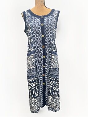Vermont Country Store Midi Shift Dress Boho Button Front Blue White Size Large